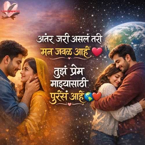 अंतर जरी असलं तरी मन जवळ आहे 💕, तुझं प्रेम माझ्यासाठी पुरेसं आहे 🌍❤️.